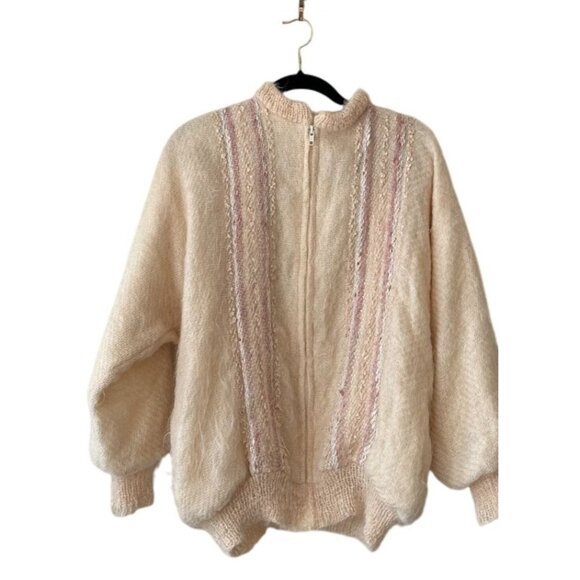 Vintage 80s Mohair Blend Zip-Up Cardigan Fuzzy Puffy Sleeves Ribbed Cuffs Retro - Picture 3 of 7